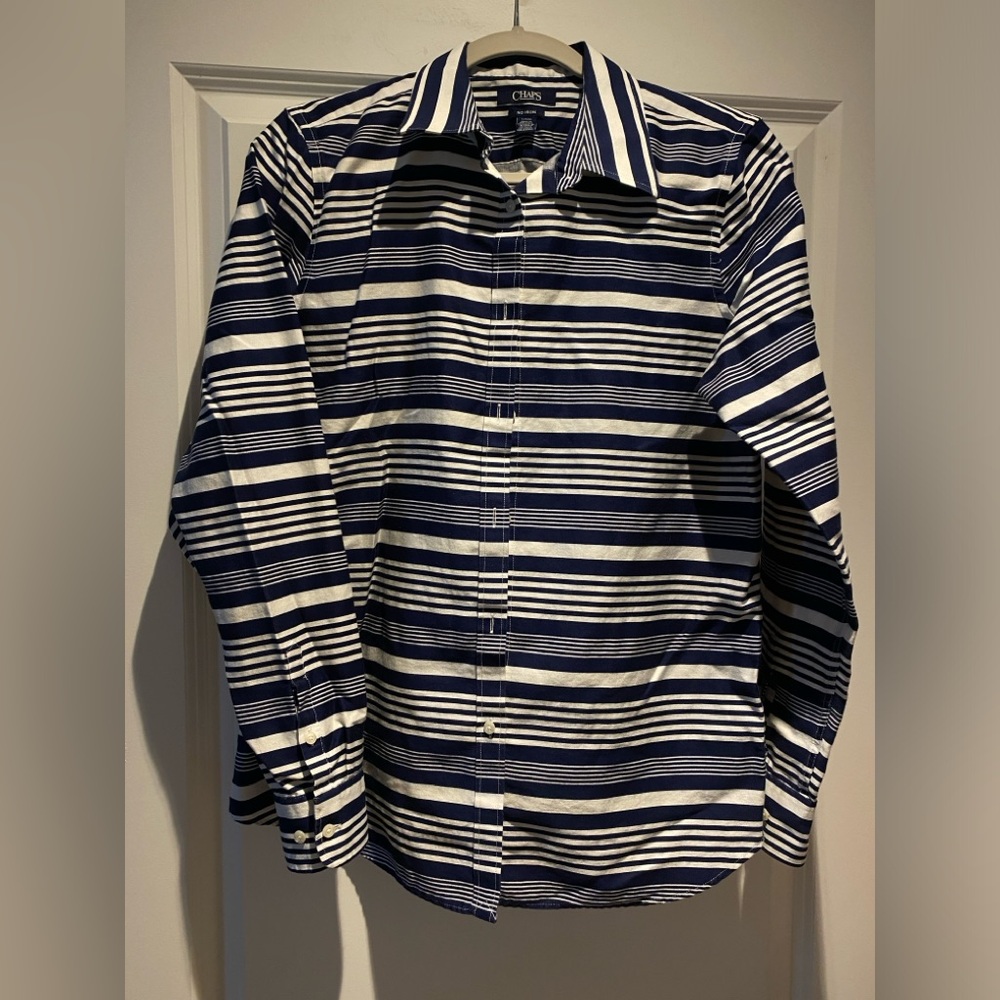 CHAPS Womens Plus Size Large Multicolor Striped No Iron Button Up Shirt Blouse